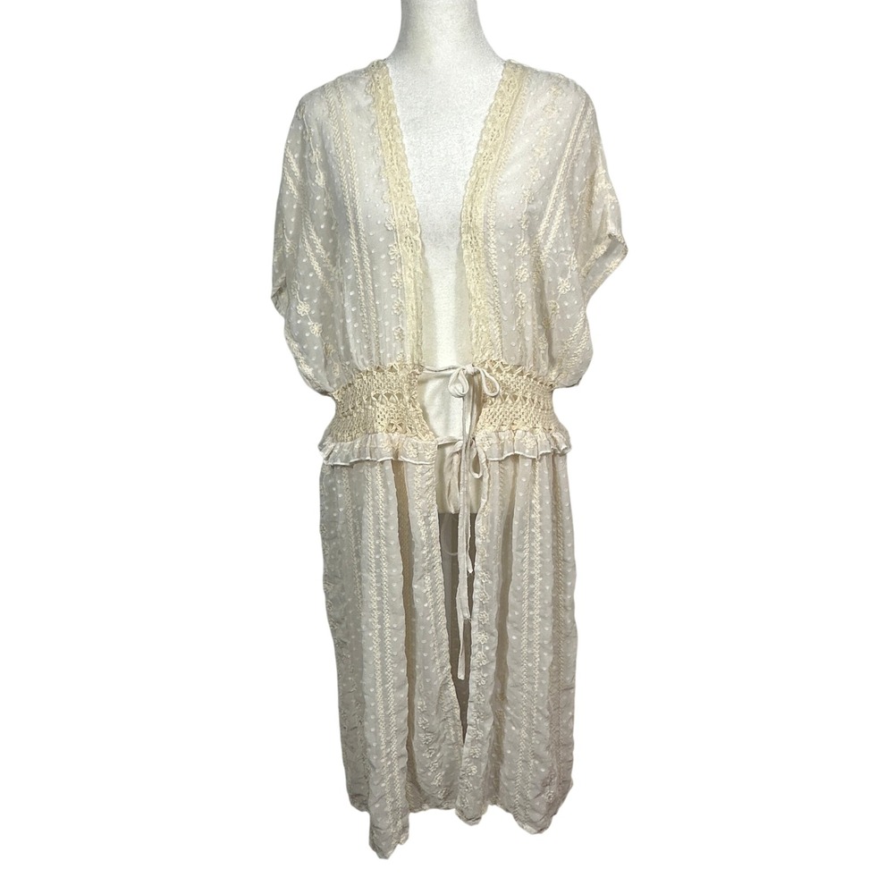 House of Harlow 1960 Ivory Lace Kimono Duster Sheer Boho Tie Waist One Size